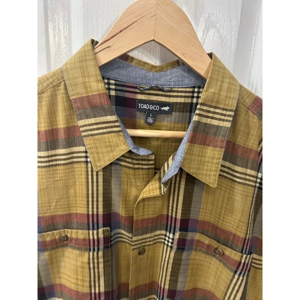 Toad&Co Button‎ Down Shirt Mustard Yellow Plaid Organic Cotton Short Sleeve L